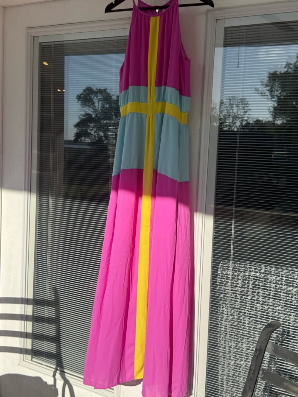 GB girls Hot Pink Maxi Dress with Yellow & Light Blue Colorblock